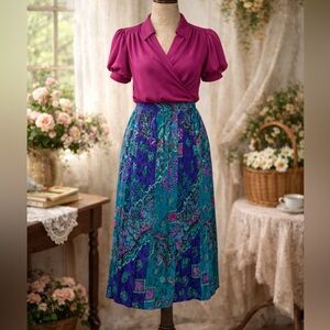 Vintage Early 1980s Tan Jay, Shimmery, Pleated, Paisley Midi Skirt